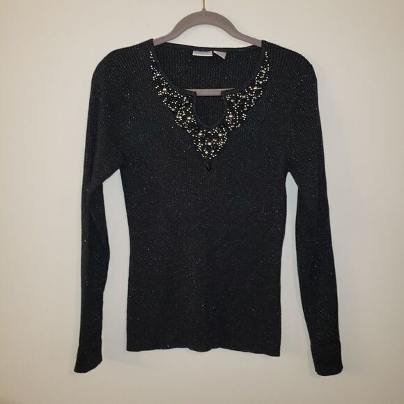 DG2 BY DIANE GILMAN BLACK EMBELLISHED SHIMMER SEQUIN BEADED SWEATER SIZE MEDIUM - Picture 2 of 5